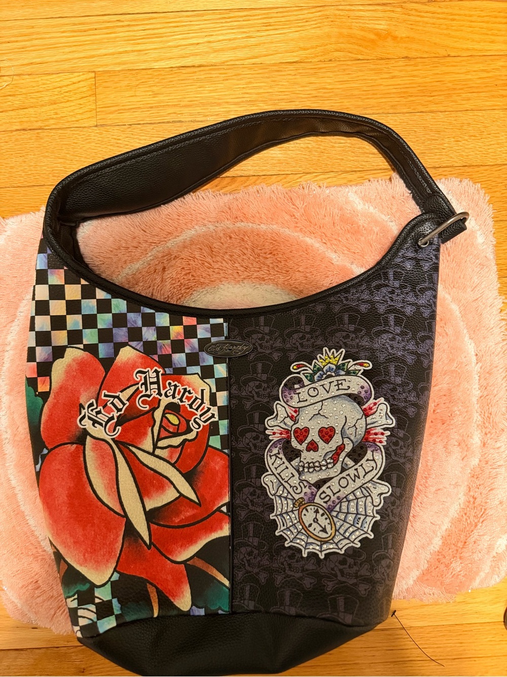 Ed Hardy Black Shoulder Bag with Red Rose and Multicolor Graphic Panel